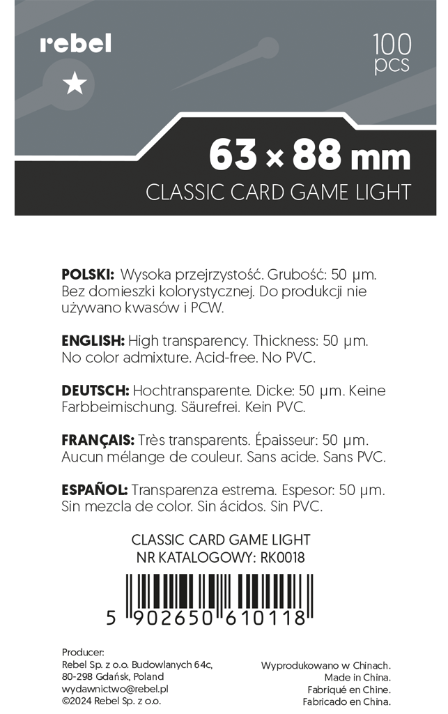 Koszulki na karty Rebel (63x88 mm) Corvus Light, 100 sztuk - obrazek 3
